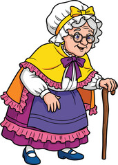 Cartoon elderly woman, traditional clothing, white bonnet, purple dress, cane, glasses, senior character, vintage style, storytelling, educational illustration