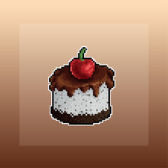 Chocolate cake with a cherry on top, dessert pixel illustration