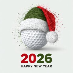 Happy New Year 2026 celebration with golf ball wearing Santa hat. Festive Christmas holiday golf sport concept