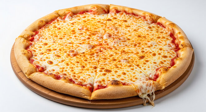 Classic Margherita or plain pizza, sliced and served hot with melted cheese on a round wooden board. Delicious Italian food. - Powered by Adobe