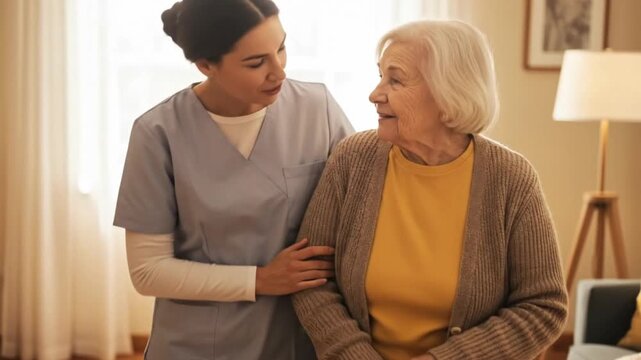 A compassionate healthcare professional gently assists an elderly woman using a walking aid, providing supportive care within a bright and comfortable home environment. The scene radiates warmth and e