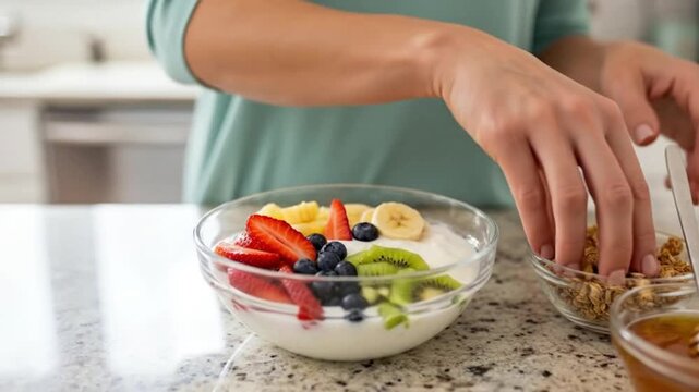 A close-up shot of an individual's hands meticulously adding a topping, possibly granola or nuts, to a vibrant, healthy breakfast bowl. The clear glass bowl holds creamy white yogurt generously layere