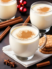 Eggnog traditional Christmas drink with cinnamon and ginger cookies. Cookies and milk for Santa Claus