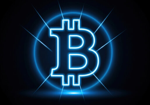 A Bitcoin cryptocurrency symbol with bright blue neon lighting and a circular frame on a dark background.