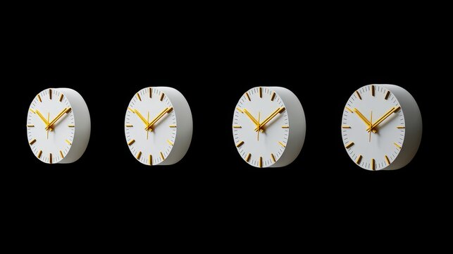 Time's Harmony: Four identical clocks stand in a row, their golden hands frozen, telling a unique story of time, measurement, and precision, evoking a sense of balance and rhythm.