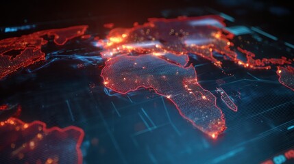 Futuristic digital world map with glowing data points across Africa, Europe & Asia. Global network, technology & communication concept.