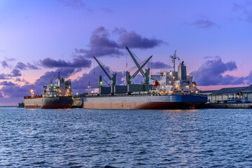 Cargo ship at sunset in the Port of Cabedelo, Paraíba, Brazil on May 27, 2023
