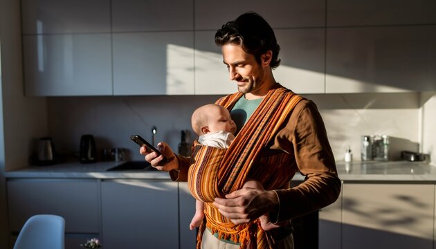 Devoted Father Multitasking with Baby Carrier and Mobile Device in Contemporary Home Kitchen