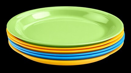 Stack of colorful, clean ceramic plates and bowls isolated on a white background