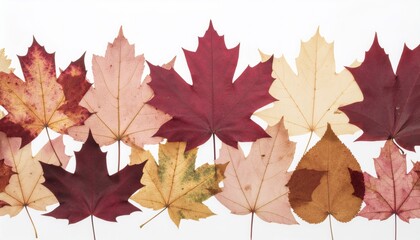 Obraz premium Layered pressed maple leaves creating elegant autumn border in warm crimson and golden tones on translucent background