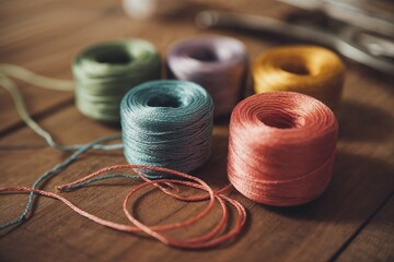 Colorful spools of thread on wood