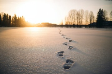 Footprints in the snow at sunset