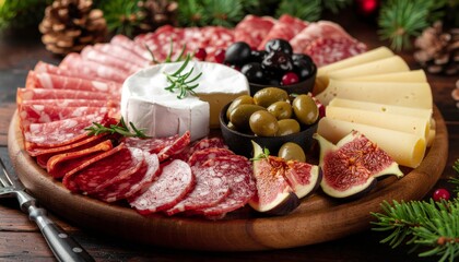 Artisan charcuterie board with cured meats aged cheese fresh figs olives and festive holiday greenery on rustic wooden serving platter