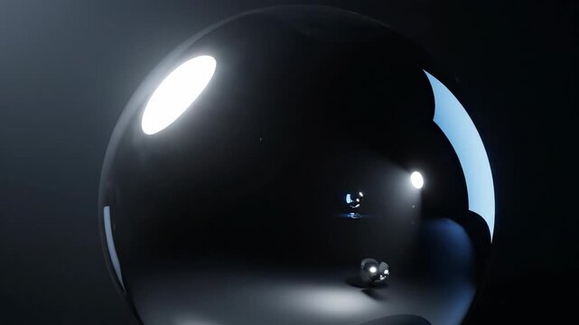 A series of shiny metallic spheres reflecting ambient lighting in a moody dark setting, perfect for futuristic design and technology themes.