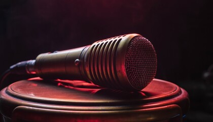 Vintage microphone with brass details illuminated by dramatic red lighting on circular platform