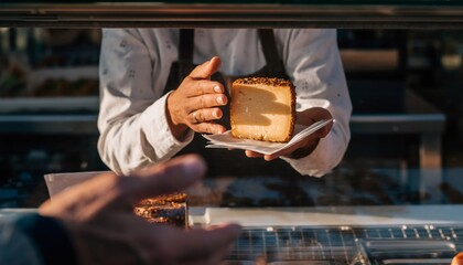 Artisan cheese specialist presenting gourmet sample slice on elegant serving plate in delicatessen counter display