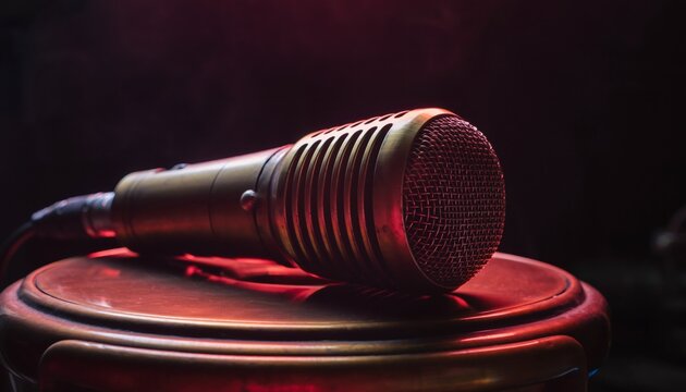 Vintage microphone with brass details illuminated by dramatic red lighting on circular platform - Powered by Adobe