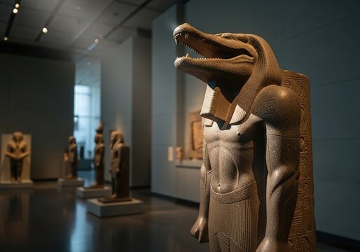 Powerful Sobek Statue, Crocodile God of Ancient Egypt, Museum Exhibit