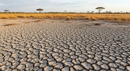 Fototapeta premium Cracked earth in a dry landscape with sparse vegetation and distant trees under a cloudy sky, showcasing the effects of drought and climate change