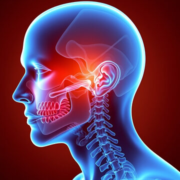 Dynamic overlay of parotid gland anatomy on human profile glowing orange area indicating painful viral parotitis infection.