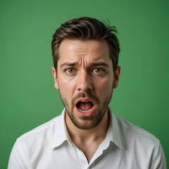 disgusted man in white shirt looking at camera isolated on green