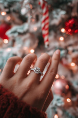 engagement ring on hand with christmas lights
