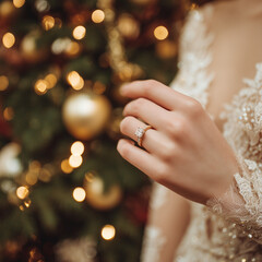 engagement ring on hand with christmas lights