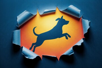 Dog silhouette bursts through paper