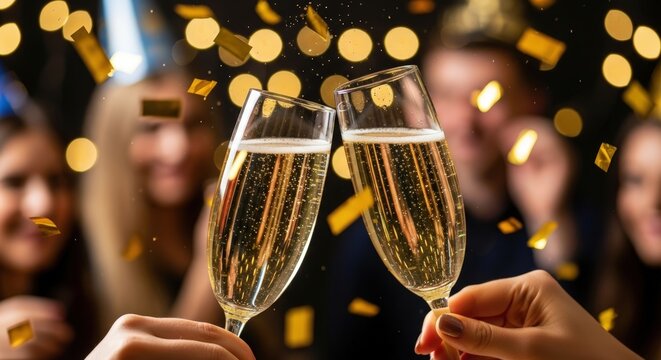 Cheers to Celebration: A close-up captures the intimate moment of a celebratory toast with champagne flutes, confetti sparkling in the air, shared among an engaged party.