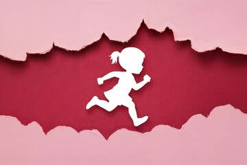 Girl running through paper cutout
