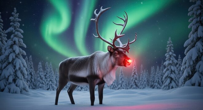 Celestial Reindeer in the Northern Lights: Witness a majestic reindeer stands beneath the breathtaking spectacle of the aurora borealis, its antlers silhouetted against the dancing ribbons of light.