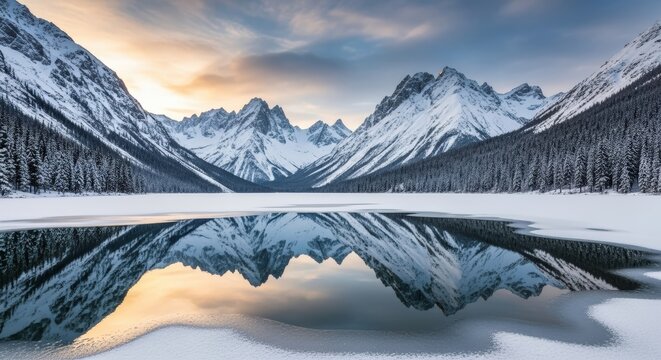 Winter Wonderland Reflection: Majestic snow-capped mountains and their mirror-like reflections in the calm waters. A scene of serenity and natural beauty in a winter landscape. - Powered by Adobe