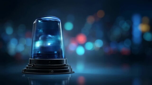 青い警告灯が夜の都市風の背景で発光するイラスト、人物なし、余白あり
