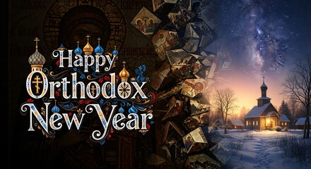 Happy Orthodox New Year Snowy Winter Landscape Church Icons Religious Holiday Greeting Card