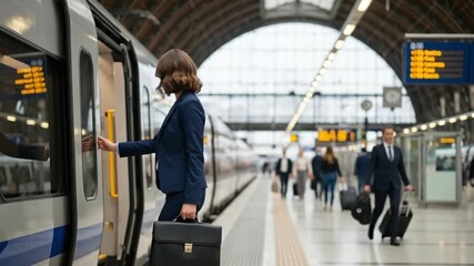 A confident professional woman, impeccably dressed in a sharp navy business suit and carrying a sleek black briefcase, purposefully steps onto a modern train at a busy metropolitan station. The spacio