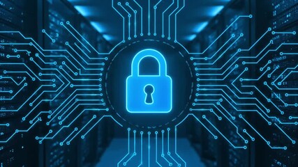 Cybersecurity and Data Protection Concept with Glowing Blue Padlock on Digital Circuit Board in a Server Room Background for Network Security and Online Privacy - Powered by Adobe
