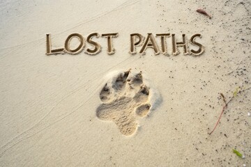 Pawprint on Sand with Lost Paths Text Fading in the Sunlight