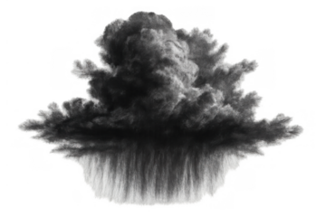 Black smoke explosion creating a mushroom cloud on a transparent background, symbolizing destructive power and danger