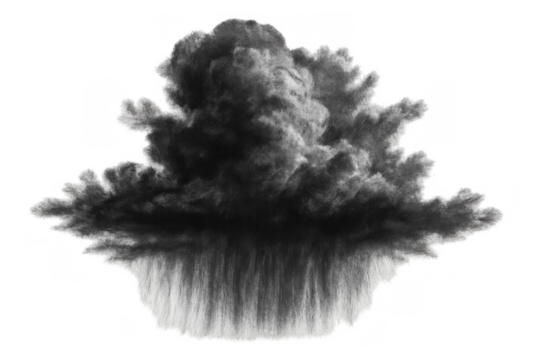 Black smoke explosion creating a mushroom cloud on a transparent background, symbolizing destructive power and danger
