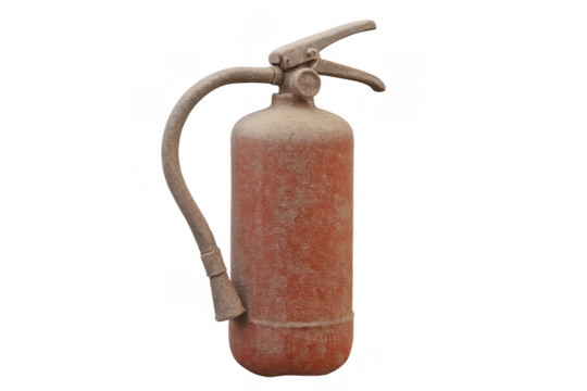 Dusty red fire extinguisher standing on a transparent background, showing old safety equipment for fire protection