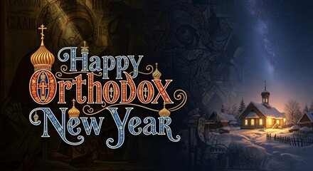 Happy Orthodox New Year Winter Scene Religious Holiday Greeting Card Traditional Russia Imagery