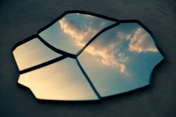 Broken mirror reflecting the sky