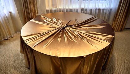 Gold Silk Draped Elegantly Over A Round Table A Mysterious Reveal Awaits