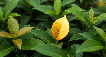 Close-up of vibrant green leaves with a single yellow leaf amidst lush foliage, showcasing natural plant diversity and fresh growth after rain