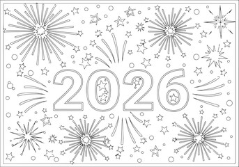 2026 Coloring Book Page with Fireworks and Stars for New Year Celebrations and Holidays - Printable