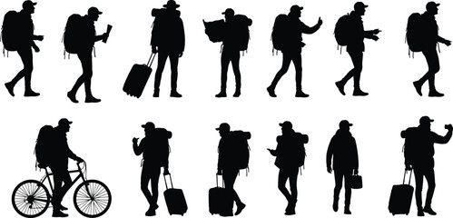 Travel backpacker silhouette, tourism activity poses, adventure journey icons, walking, cycling, suitcase pulling, mobile checking, cad drawing flat vector illustration