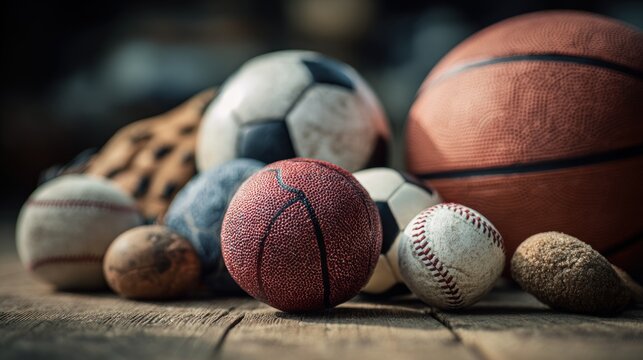 Assorted sports equipment in rustic arrangement, conveying active lifestyles and diverse recreation