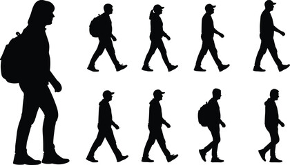 Walking silhouette vector, human gait poses, side profile icons, posture and movement figures, cad drawing flat vector illustration