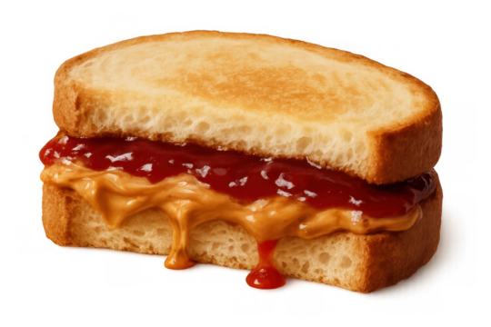 Peanut butter and jelly sandwich with creamy filling dripping, classic comfort food on toasted bread, transparent background - Powered by Adobe