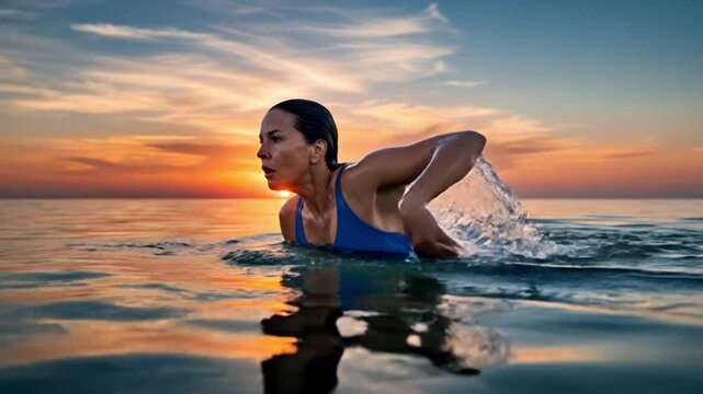 A determined individual pushes through the open water at either sunrise or sunset, creating gentle ripples around them. The low angle shot captures the person's focused expression as they engage in aq